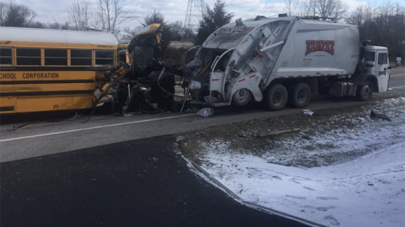 Nineteen people, mostly children, were hurt in this crash involving a school bus and Rumpke...