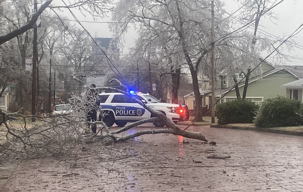 Una rama de un árbol ha caído sobre una línea eléctrica en S. College Street en Tyler.
